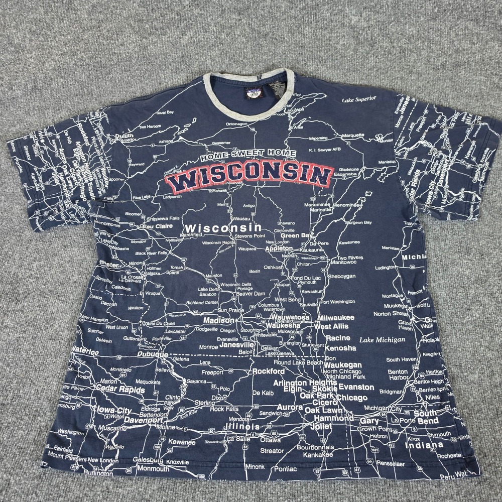 State of Mine Wisconsin Map Ringer T-Shirt Mens XL Navy All Over Print Souvenir